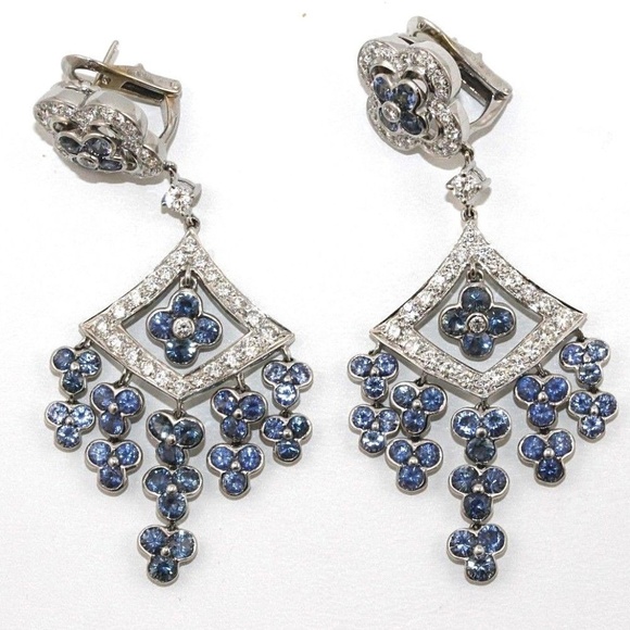 Jewelry - Blue Sapphire Diamond Drop Earrings 18K WG 10.98Ct